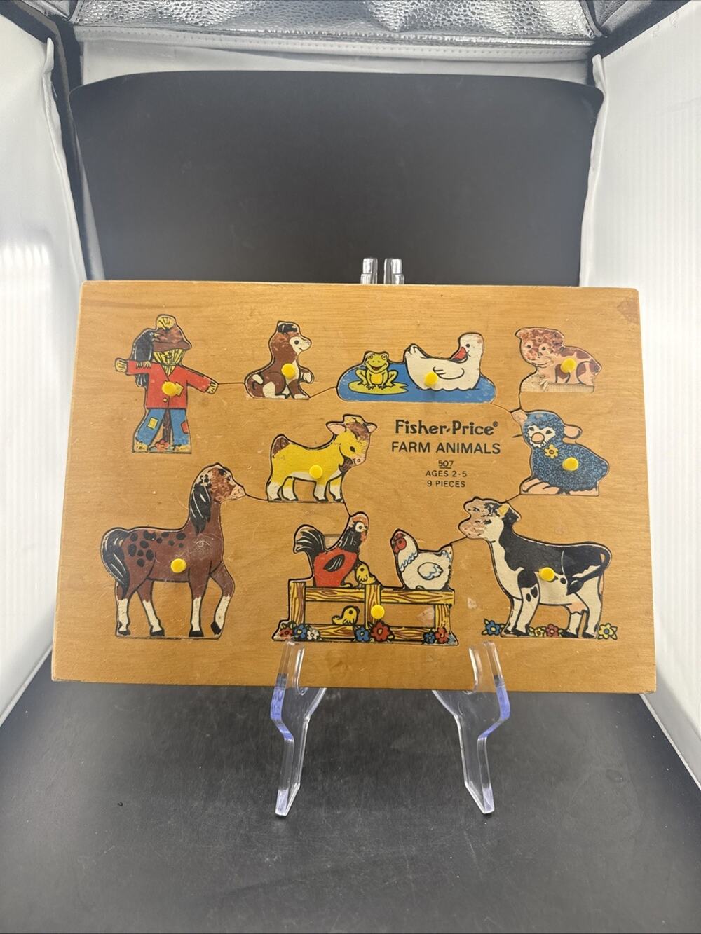 Vintage 1970s Fisher Price "Farm Animals" Wooden Puzzle, #507, 9 Pieces